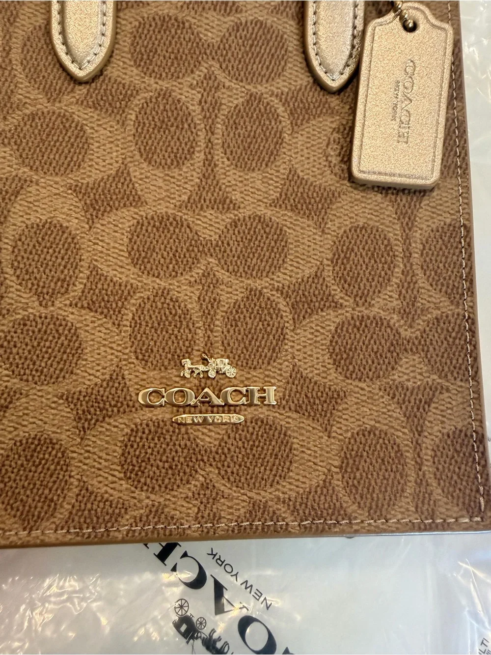 Coach Brown Signature Mini Tote with Metallic Tan Handles